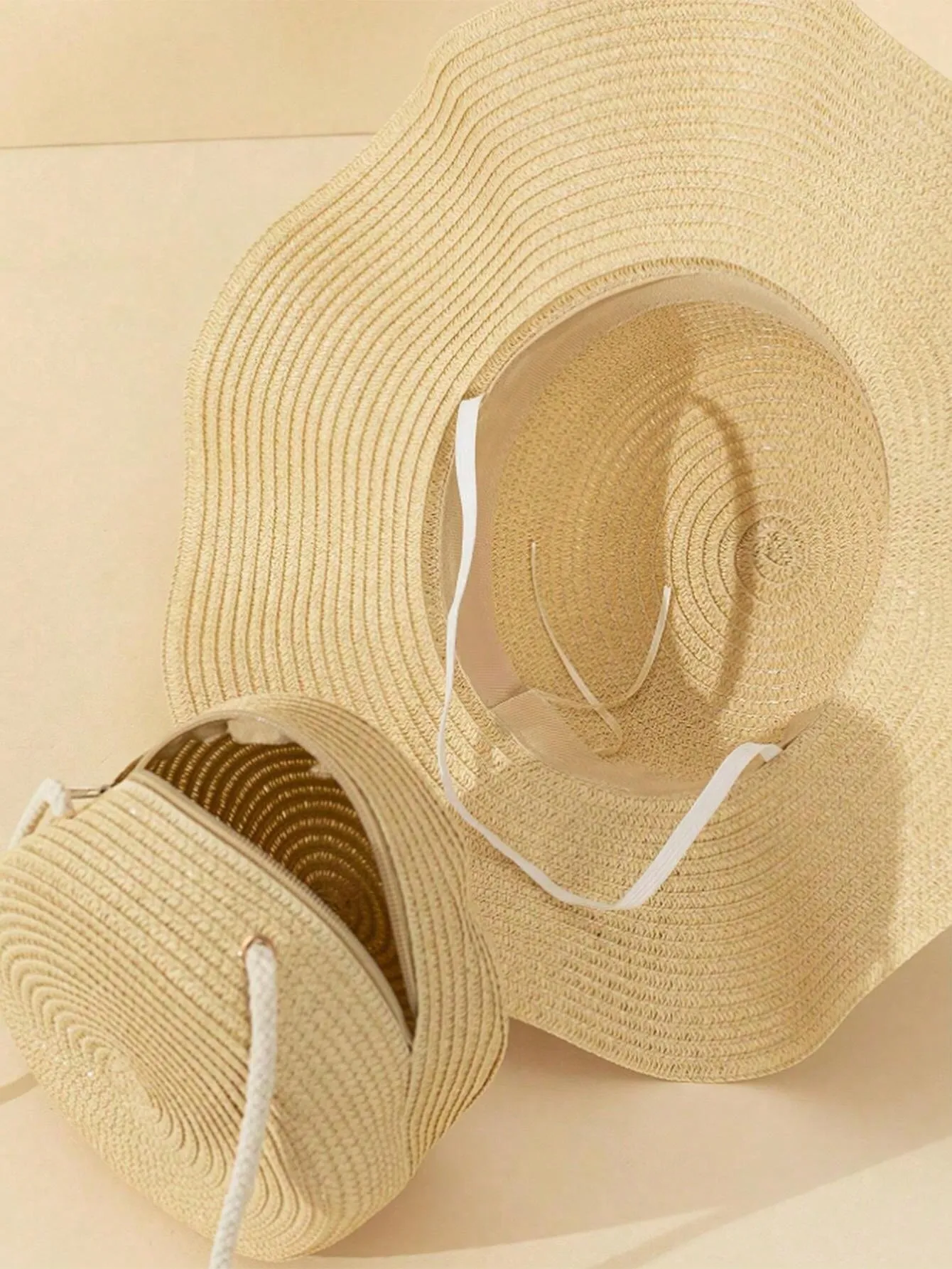 1 Stylish UV-Resistant Straw Hat And Crossbody Bag Set - Non-Textile Woven, Dry Clean Only, Perfect For The Beach