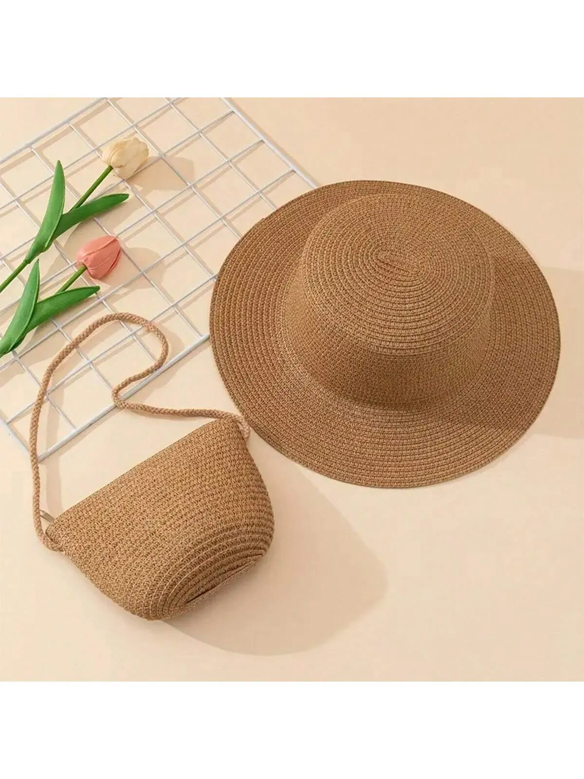 1 Stylish UV-Resistant Straw Hat And Crossbody Bag Set - Non-Textile Woven, Dry Clean Only, Perfect For The Beach