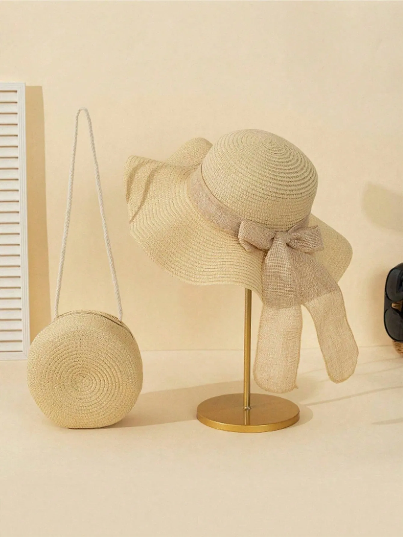 1 Stylish UV-Resistant Straw Hat And Crossbody Bag Set - Non-Textile Woven, Dry Clean Only, Perfect For The Beach