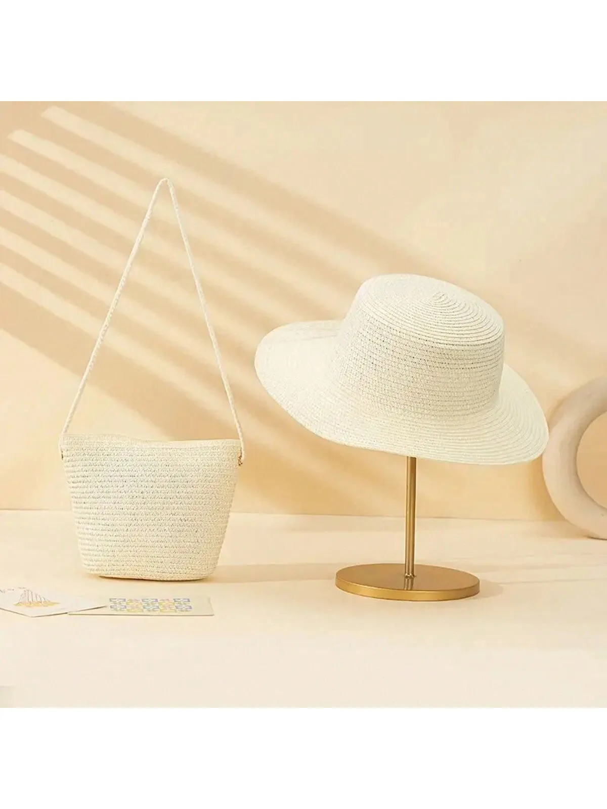 1 Stylish UV-Resistant Straw Hat And Crossbody Bag Set - Non-Textile Woven, Dry Clean Only, Perfect For The Beach