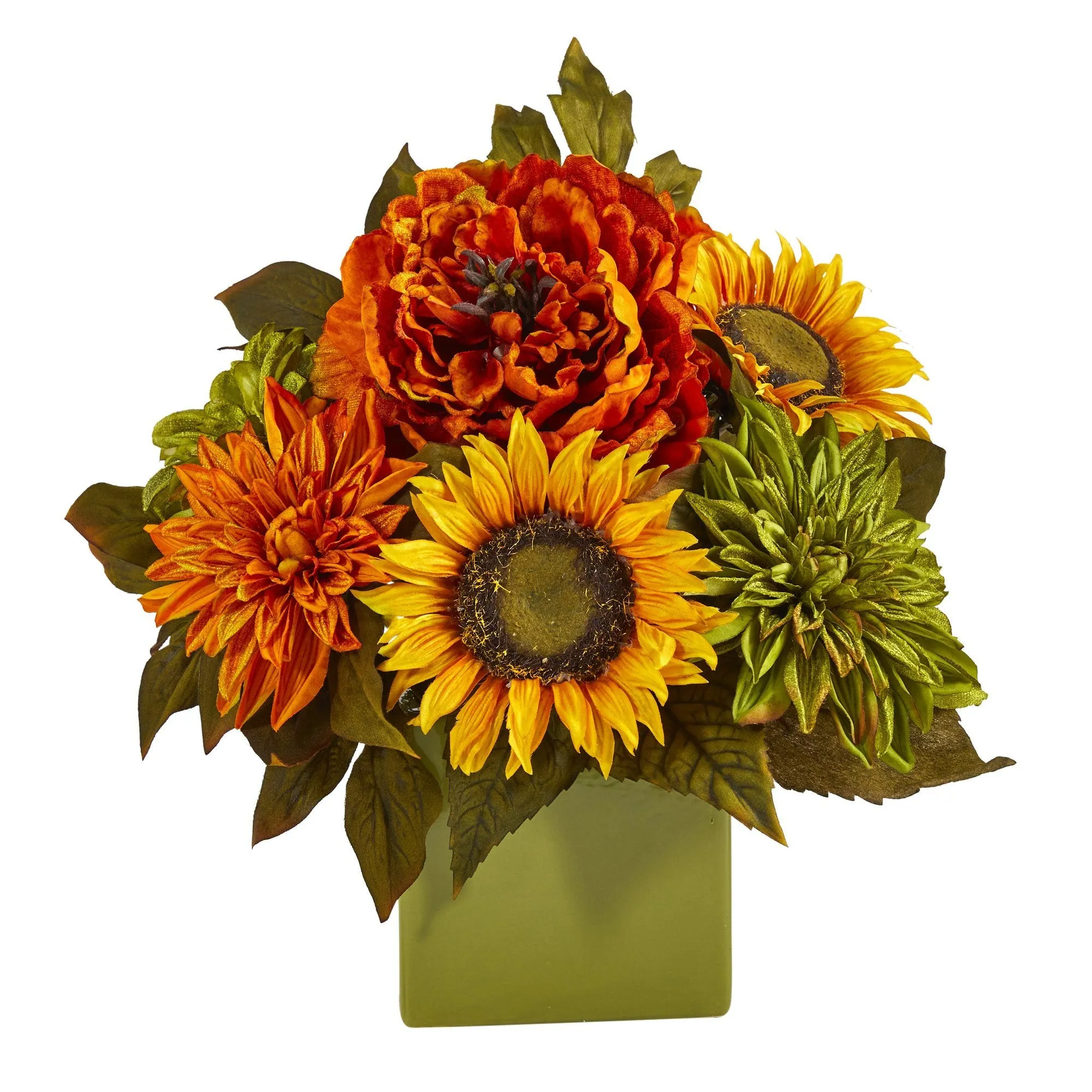 12” Peony, Dahlia and Sunflower Artificial Arrangement in Green Vase