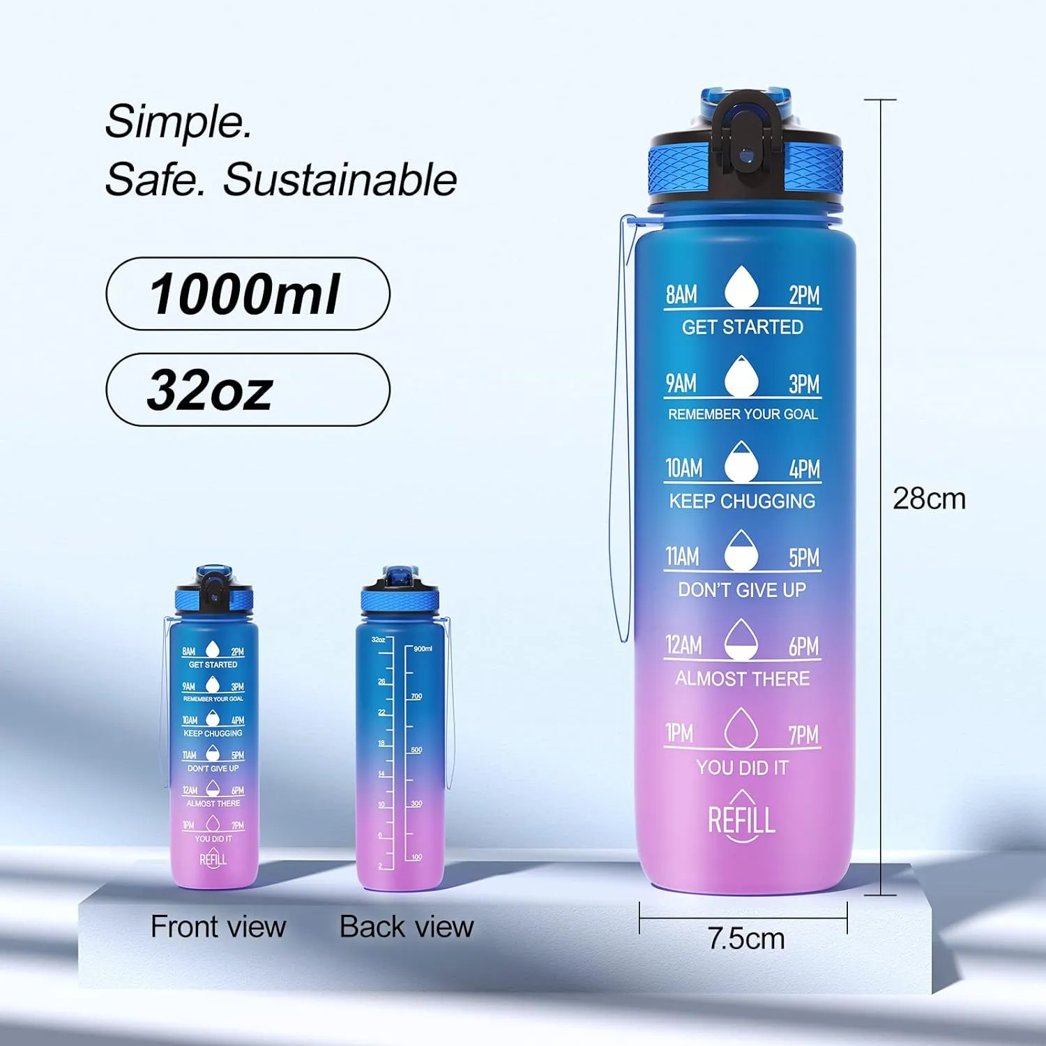 1L Motivational Water Bottle with Straw & Time Marker -Blue