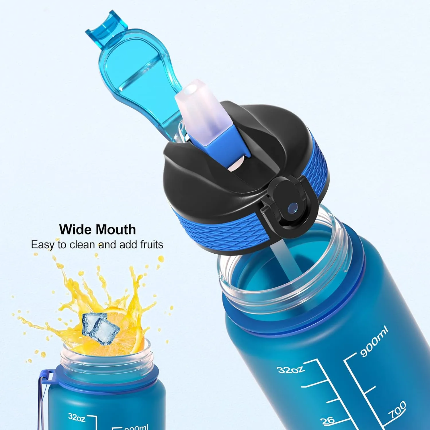 1L Motivational Water Bottle with Straw & Time Marker -Blue