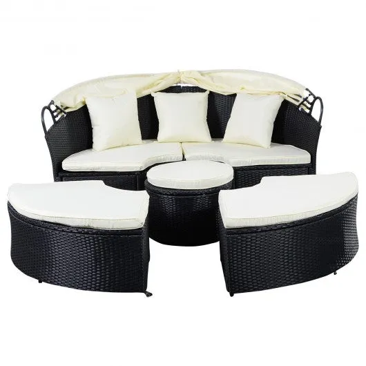 2-in-1 Outdoor Patio Rattan Round Retractable Canopy Daybed