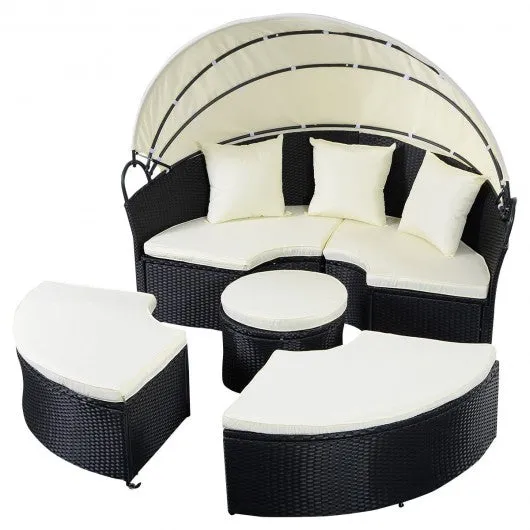 2-in-1 Outdoor Patio Rattan Round Retractable Canopy Daybed