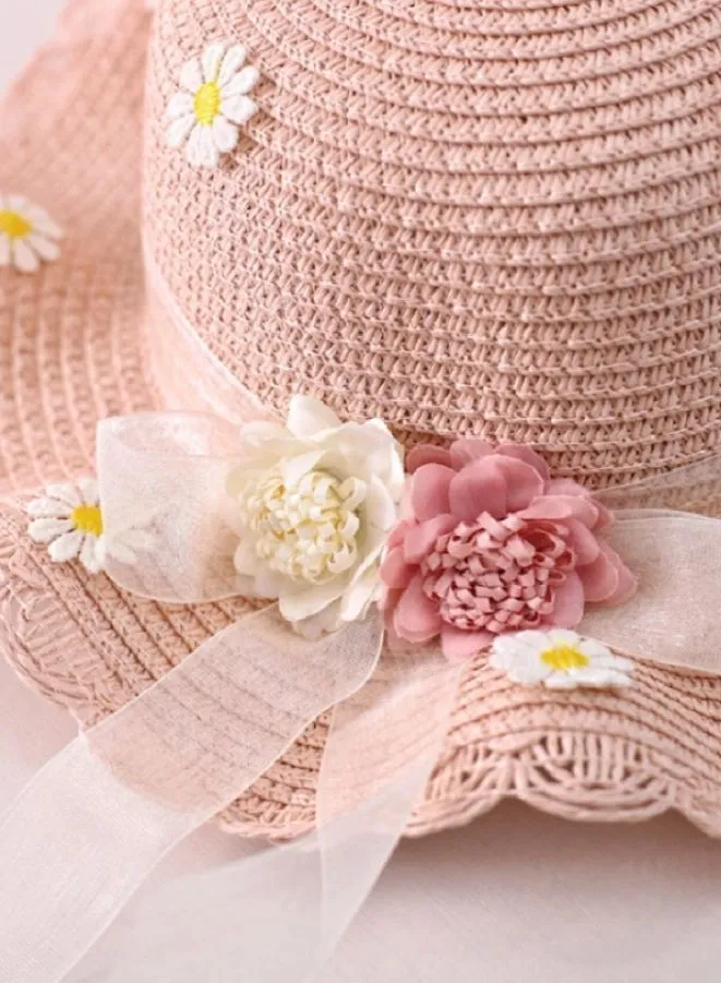 2pcs Girls Wide Brim Straw Hat adorned with flowers, Complete with Coordinated Beach Bag and Kids Sun Visor Hat