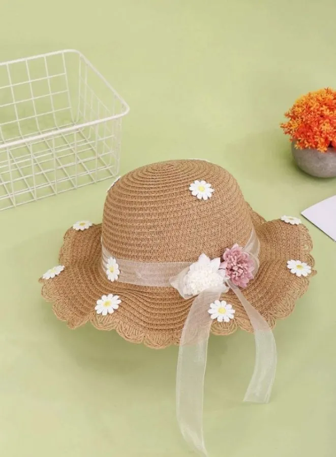 2pcs Girls Wide Brim Straw Hat adorned with flowers, Complete with Coordinated Beach Bag and Kids Sun Visor Hat