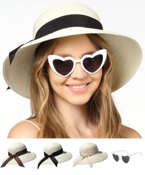 Beach Hats for Women - Panama Straw Sun Hat with Heart Shape Glasses - Summer Fedora Roll Up Packable Travel Hat UV Protection UPF 50  (Ivory) - FUNCREDIBLE