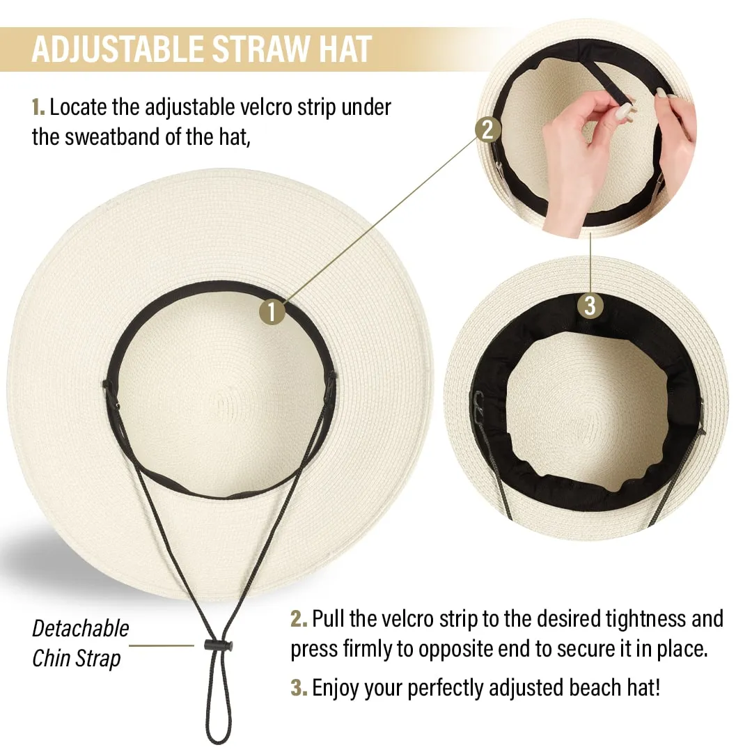 Beach Hats for Women - Panama Straw Sun Hat with Heart Shape Glasses - Summer Fedora Roll Up Packable Travel Hat UV Protection UPF 50  (Ivory) - FUNCREDIBLE