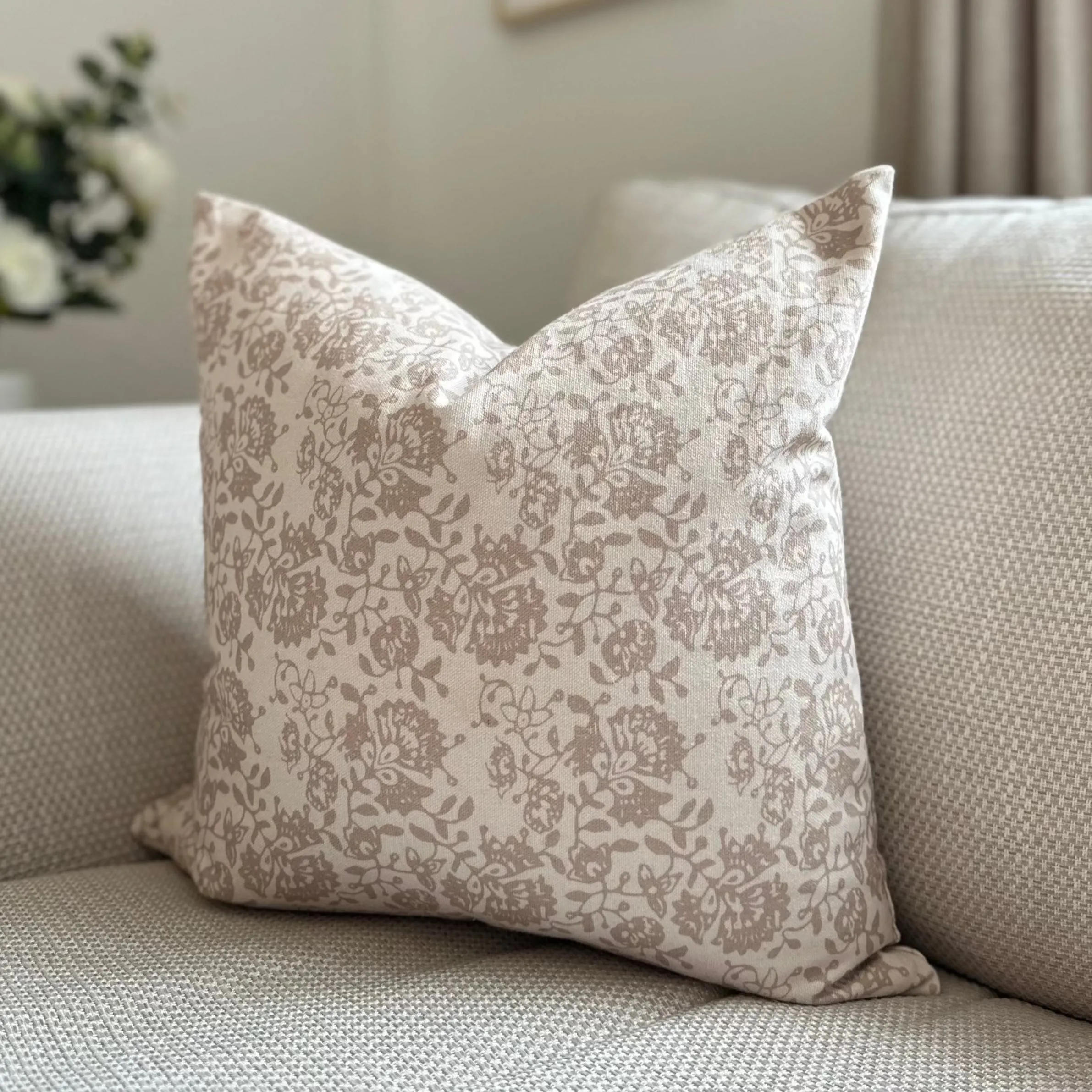 Beige Floral Print Square Cushion 45x45cm