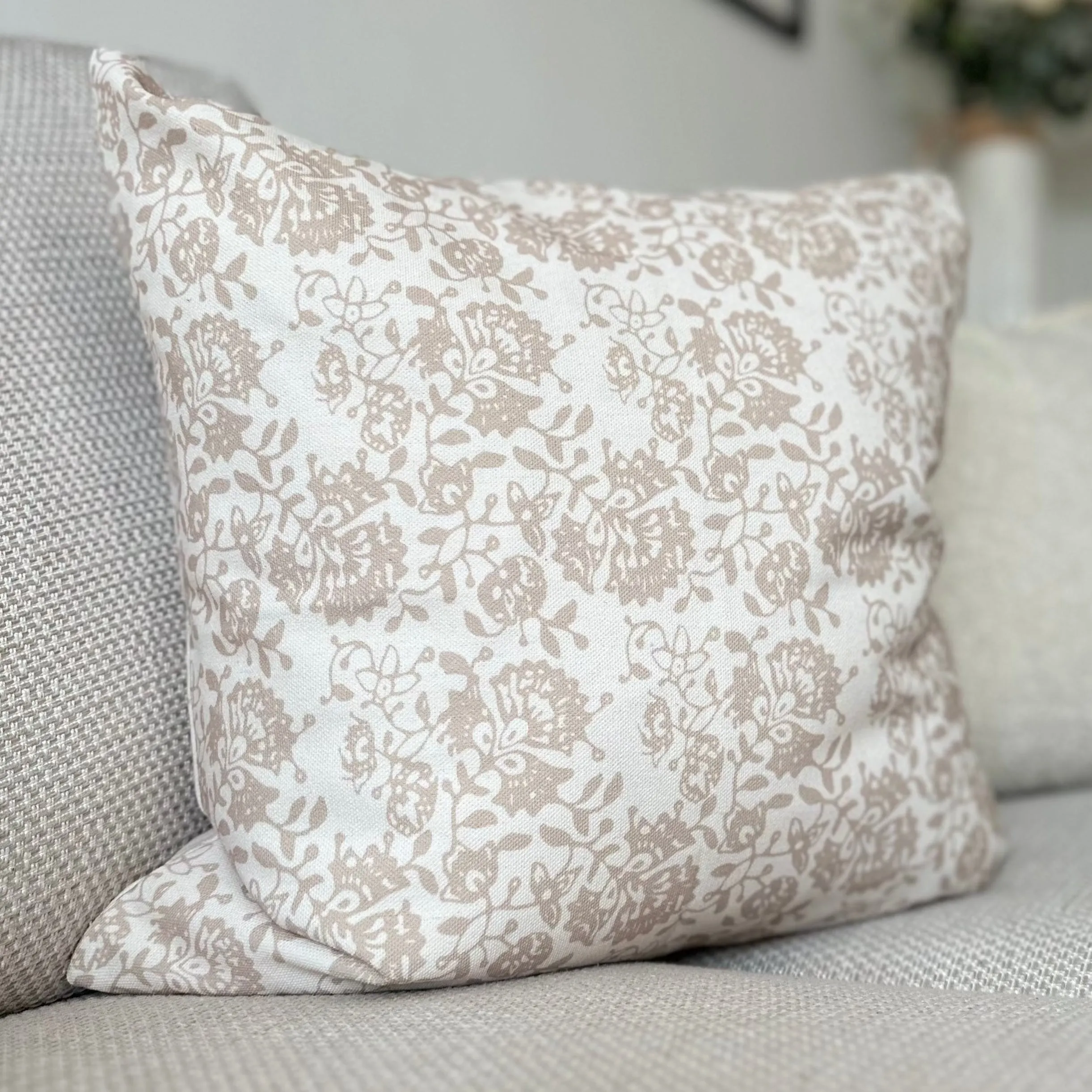 Beige Floral Print Square Cushion 45x45cm