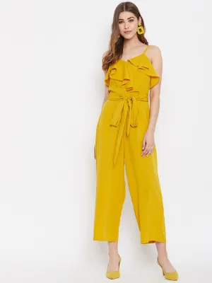 Berrylush Women Solid Yellow Waist Tie-Up Ruffled Jumpsuit