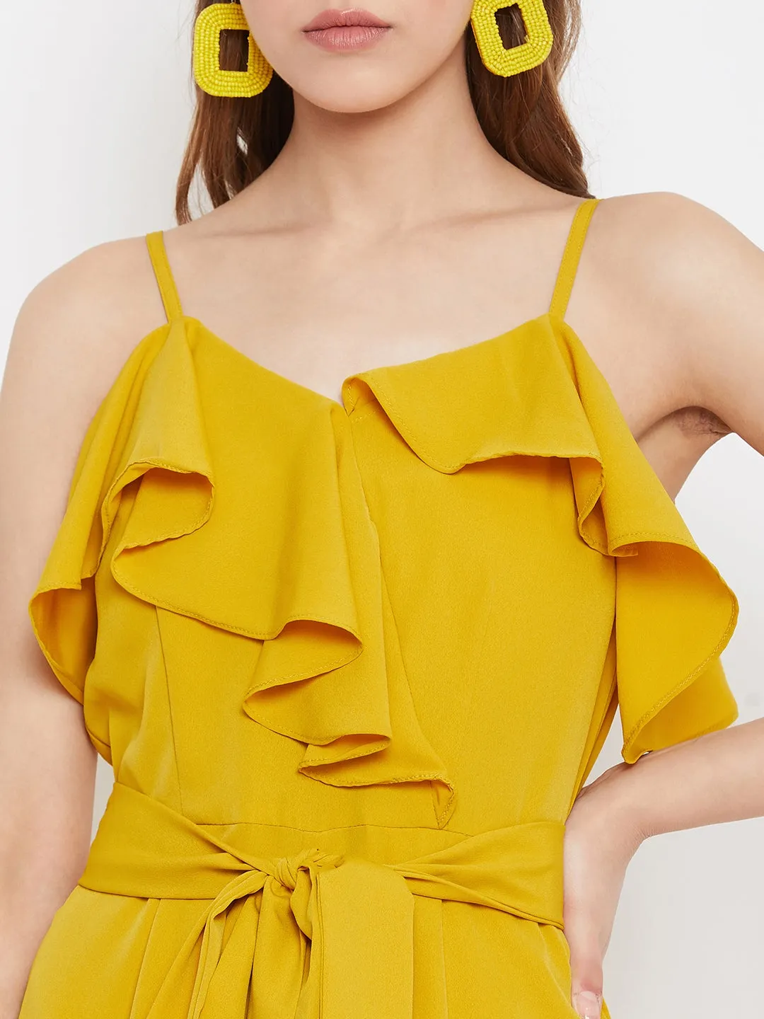 Berrylush Women Solid Yellow Waist Tie-Up Ruffled Jumpsuit