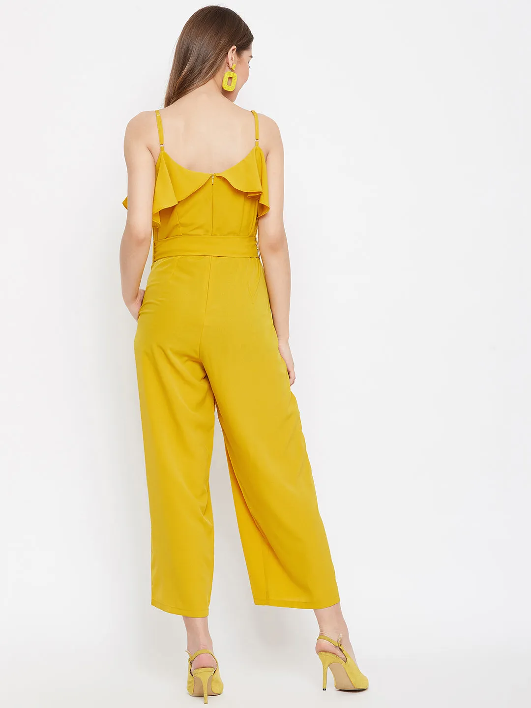 Berrylush Women Solid Yellow Waist Tie-Up Ruffled Jumpsuit