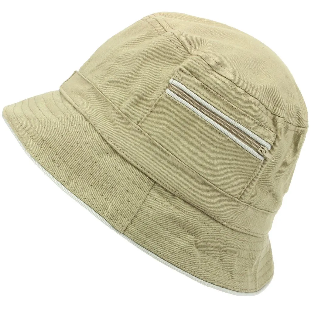 Bucket Hat with Contrast Trim and Zip Pockets - Beige