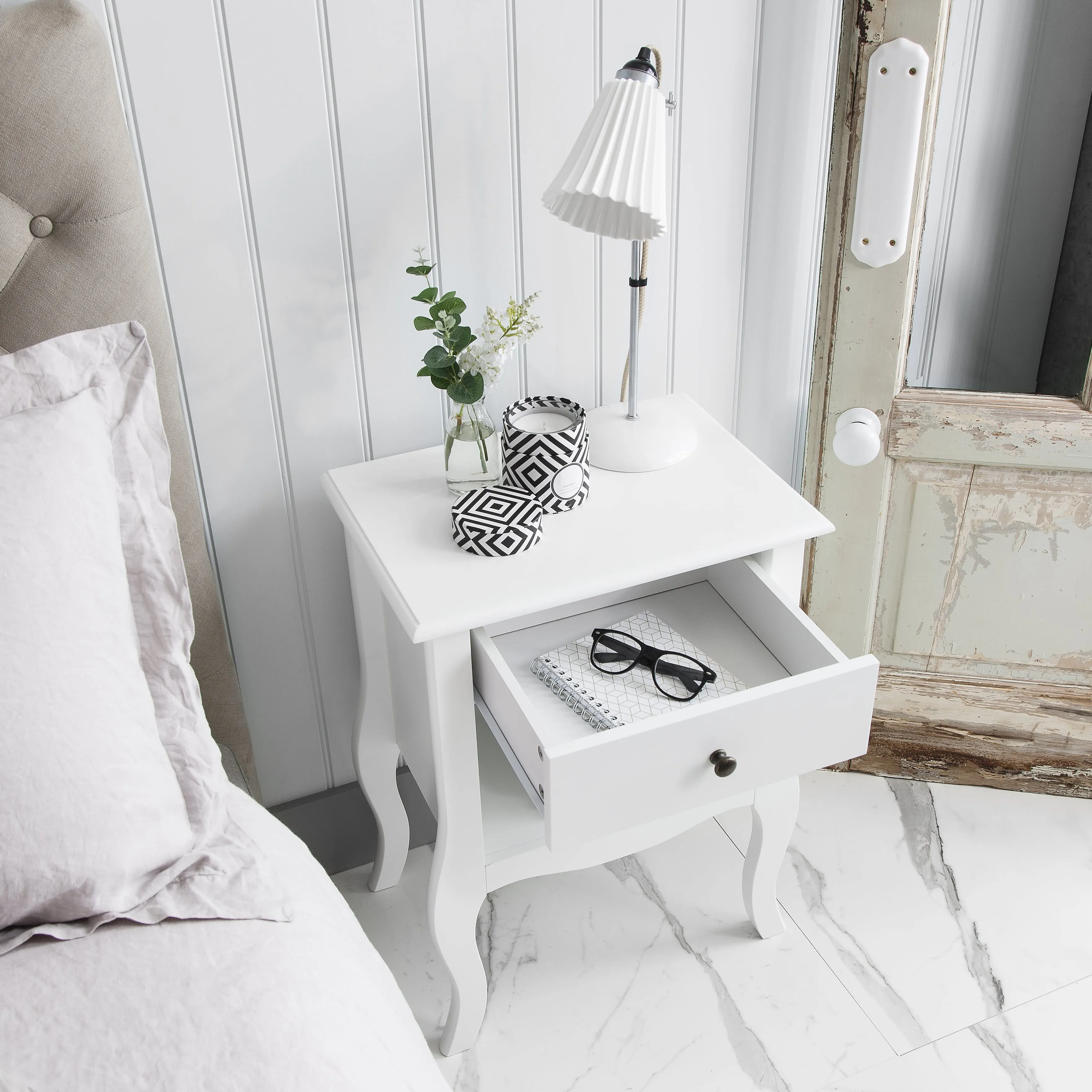 Camille Bedside Table 1 Drawer in Classic White