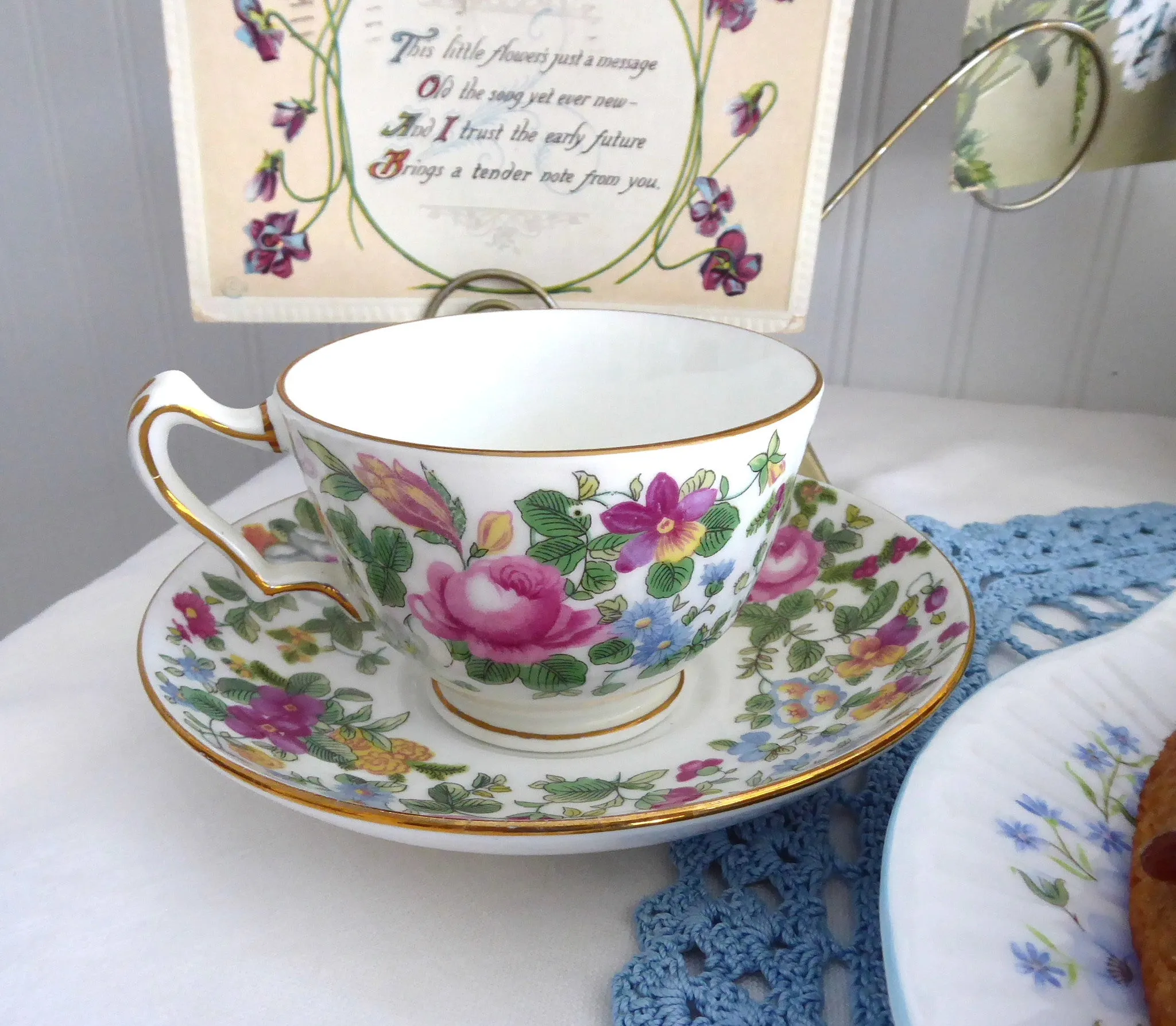 Cup and Saucer Crown Staffordshire England Cheery Colors Gold 1910s