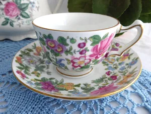 Cup and Saucer Crown Staffordshire England Cheery Colors Gold 1910s