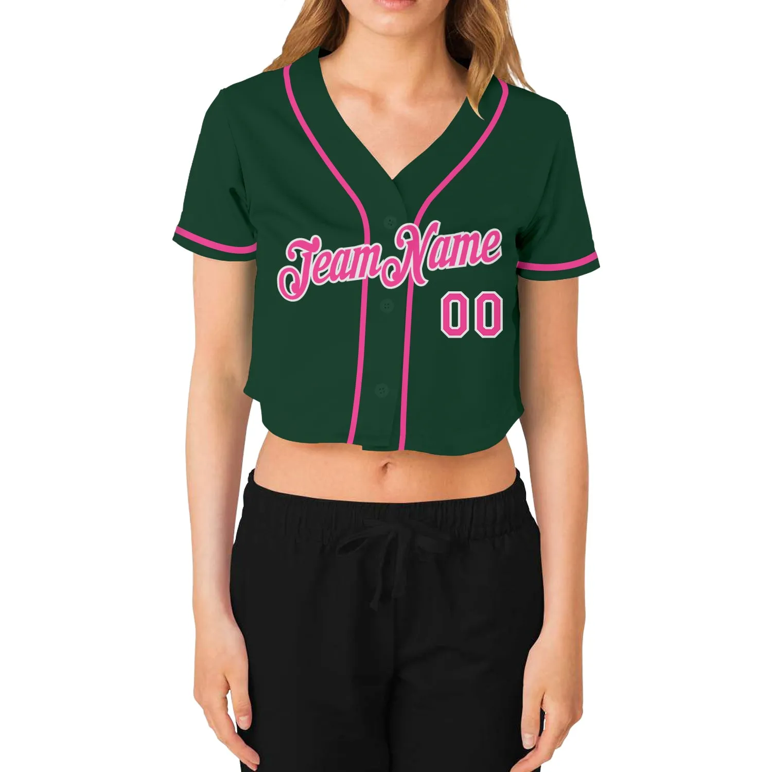 Custom Women's Green Pink-White V-Neck Cropped Baseball Jersey