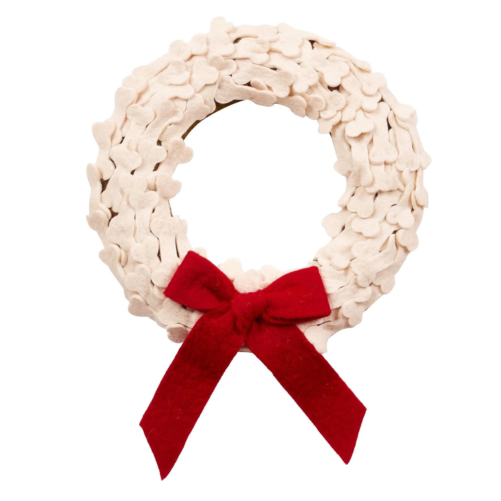 Dog Bones with Red Bow Handmade Hand Felted Wool Wreath  - 14"