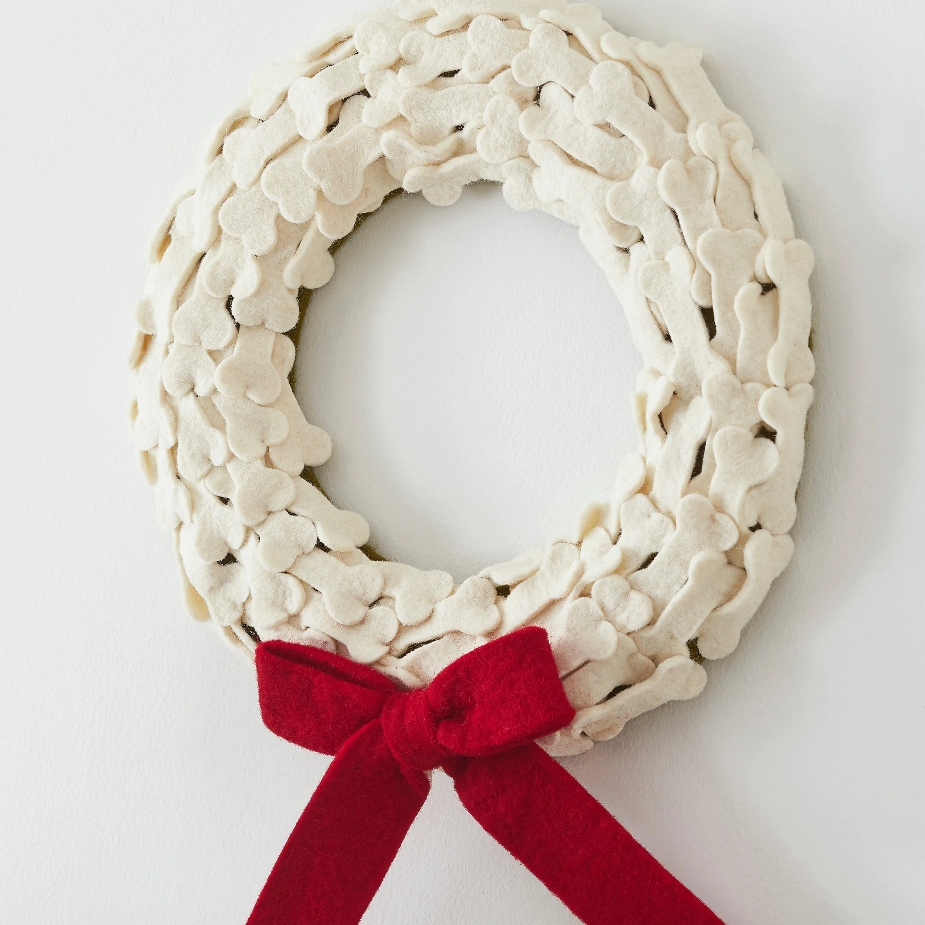 Dog Bones with Red Bow Handmade Hand Felted Wool Wreath  - 14"