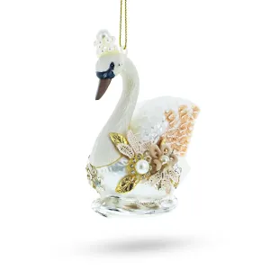 Elegant Royal Swan Adorned With Pearls - Blown Glass Christmas Ornament