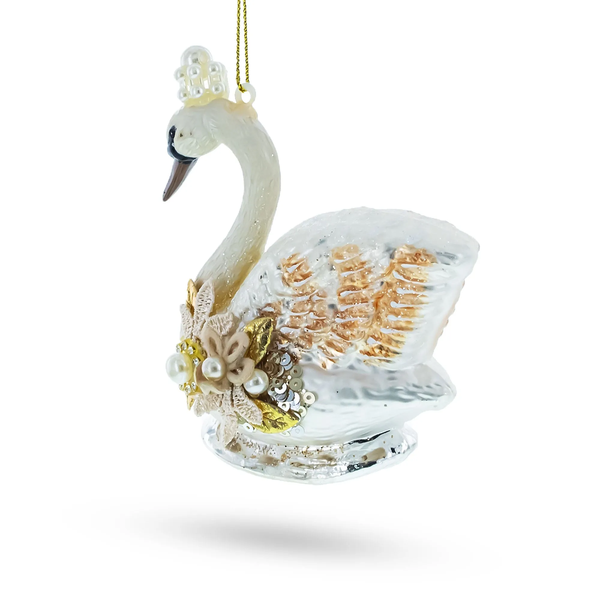 Elegant Royal Swan Adorned With Pearls - Blown Glass Christmas Ornament