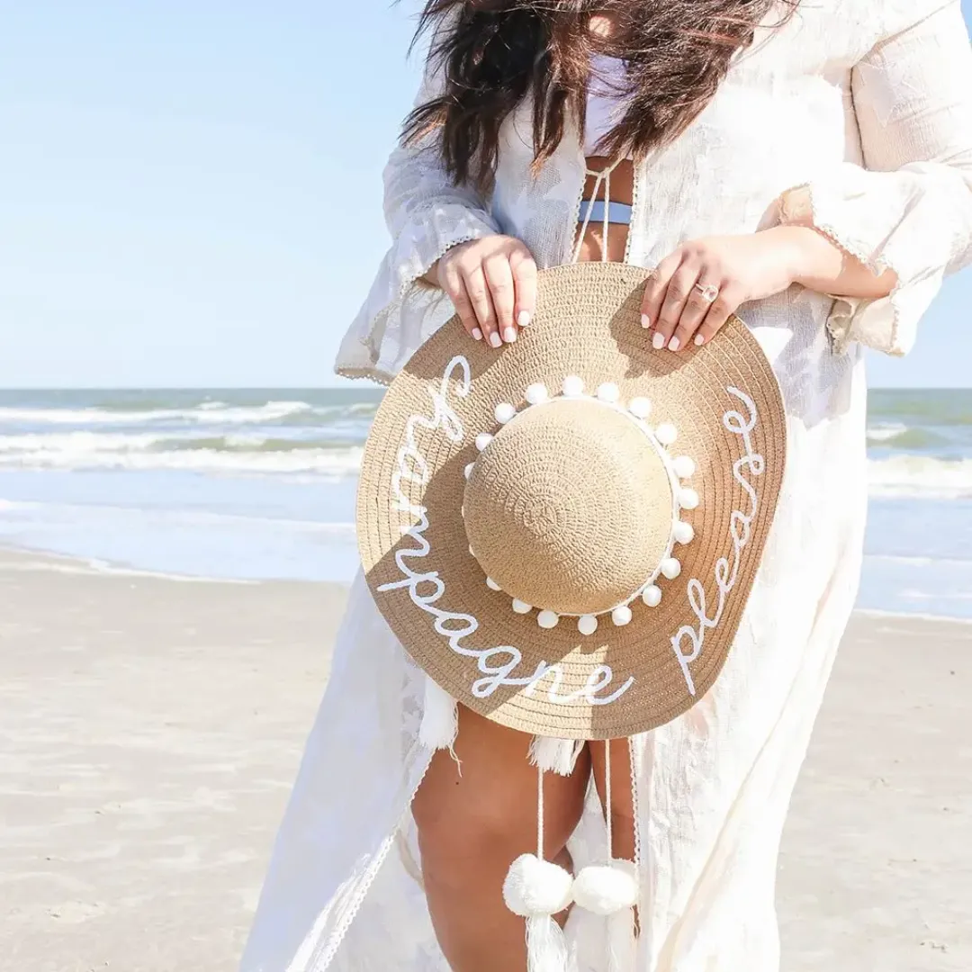 Embroidered Oversized Beach Hat - Personalized Women Sun Hat