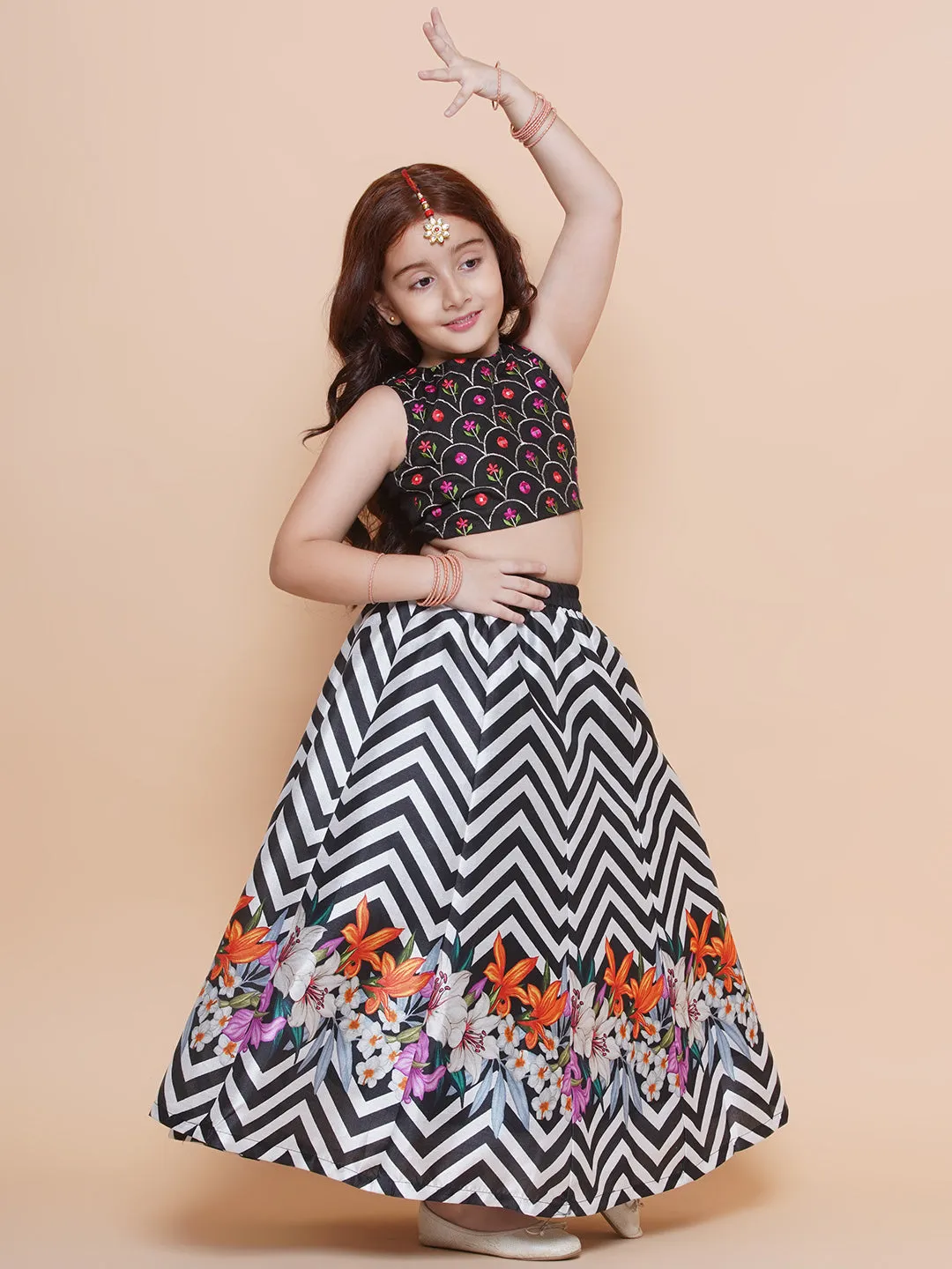 Girls Black Embroidered Choli & Black White Zigzag Printed Lehenga