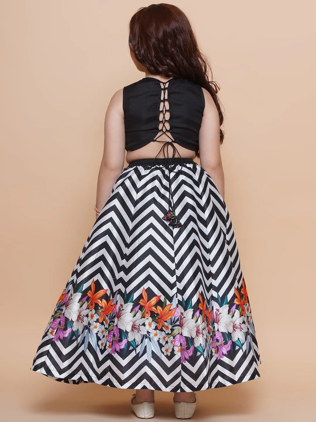 Girls Black Embroidered Choli & Black White Zigzag Printed Lehenga