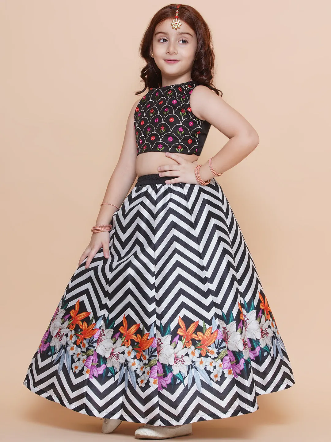 Girls Black Embroidered Choli & Black White Zigzag Printed Lehenga