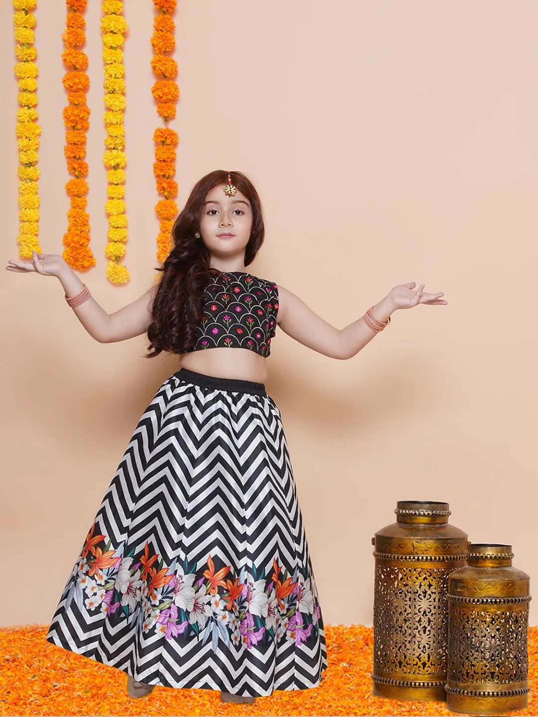 Girls Black Embroidered Choli & Black White Zigzag Printed Lehenga