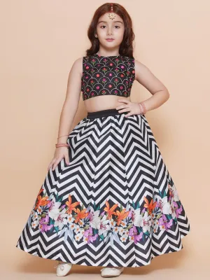 Girls Black Embroidered Choli & Black White Zigzag Printed Lehenga