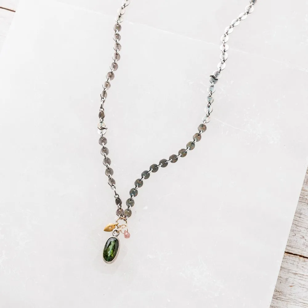 Green Tourmaline Oval Necklace with Diamond and Sapphire