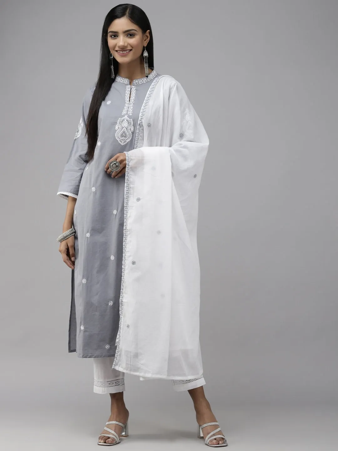 Grey Ethnic Motifs Embroidered Dupatta Set