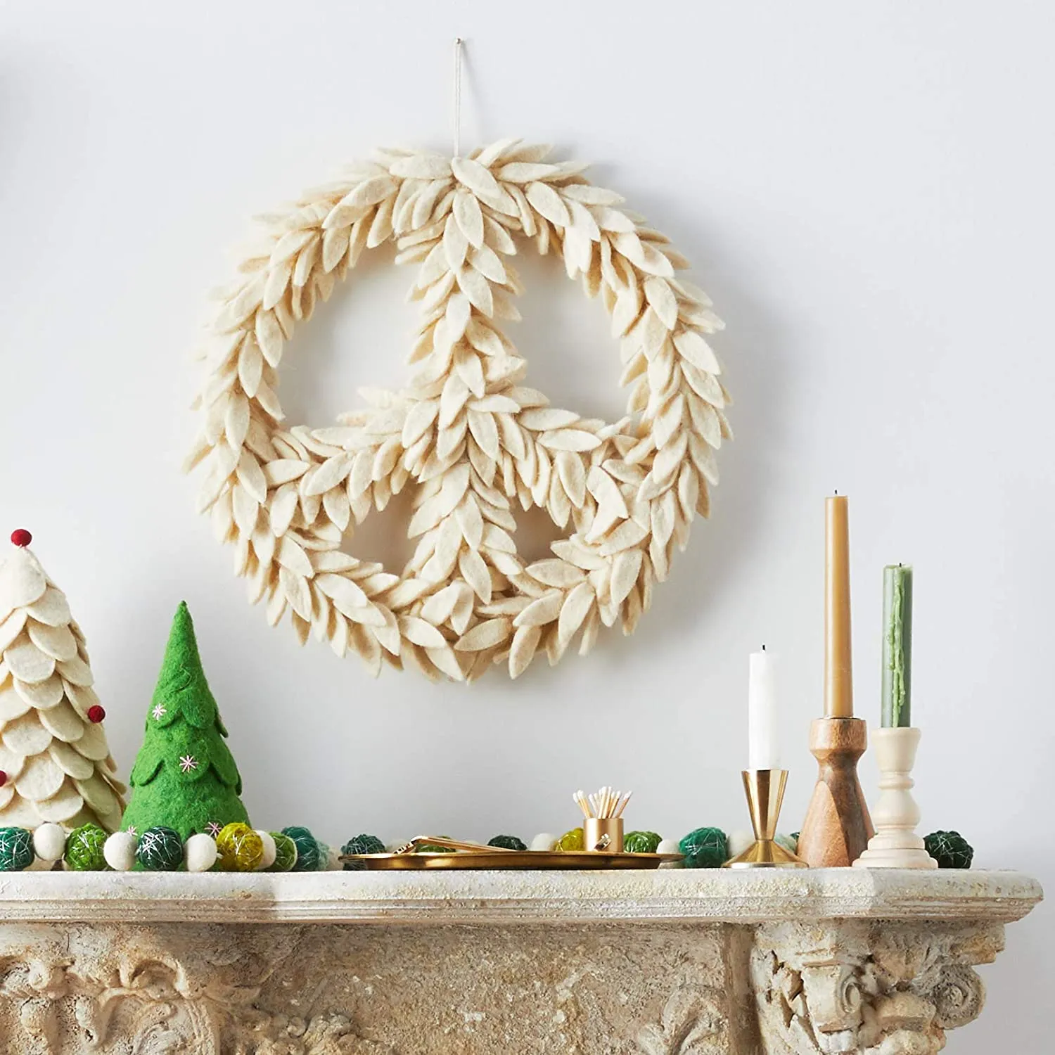 Handmade Hand Felted Wool Wreath - Peace Symbol in Cream - 14"