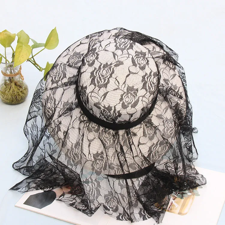 Hepburn ladies lace mesh straw hat seaside beach holiday sun hat women elegant sun hat