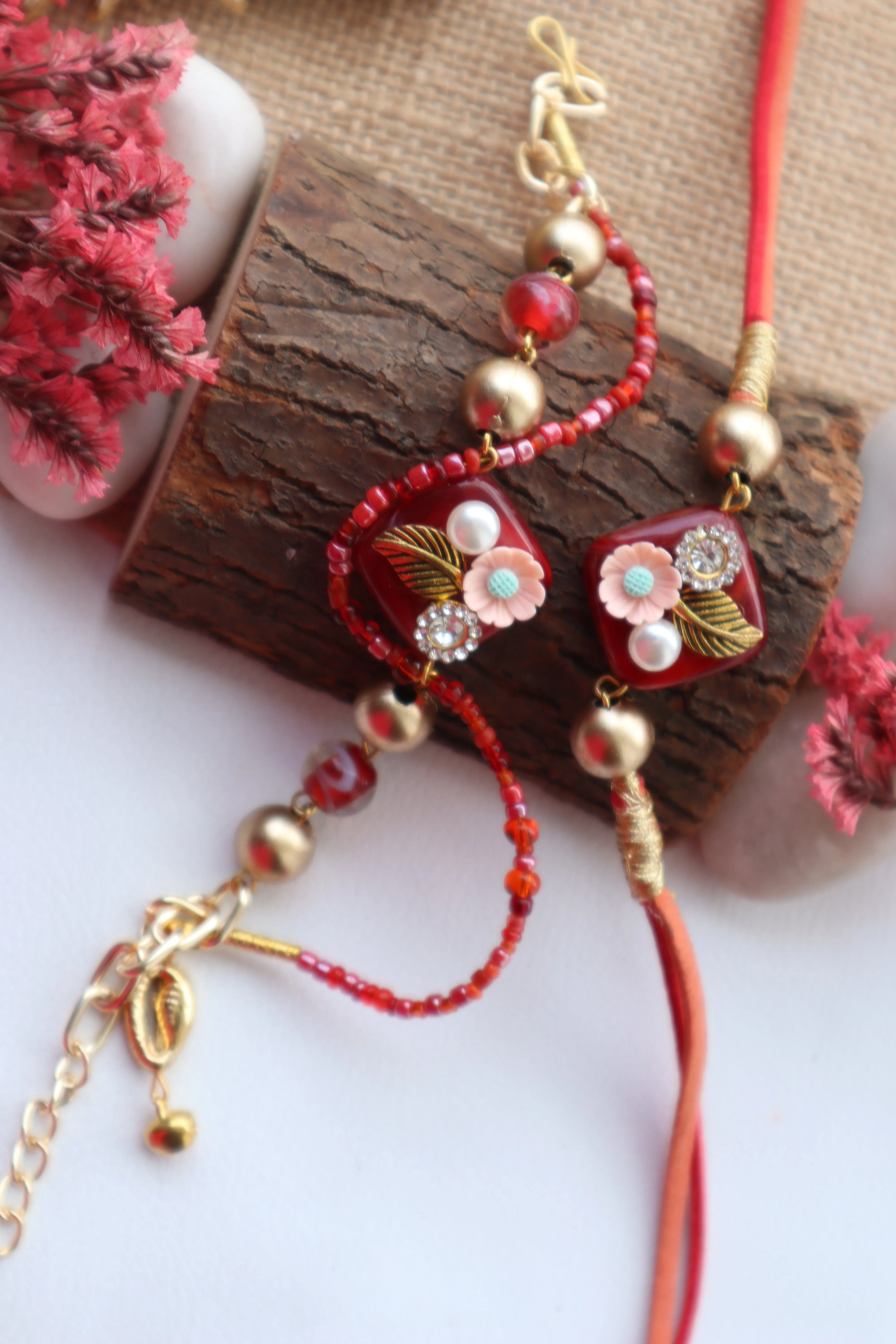 Kamule Beads Embellished Bracelet Bhaiya Bhabhi Rakhi Set of 2  - Red