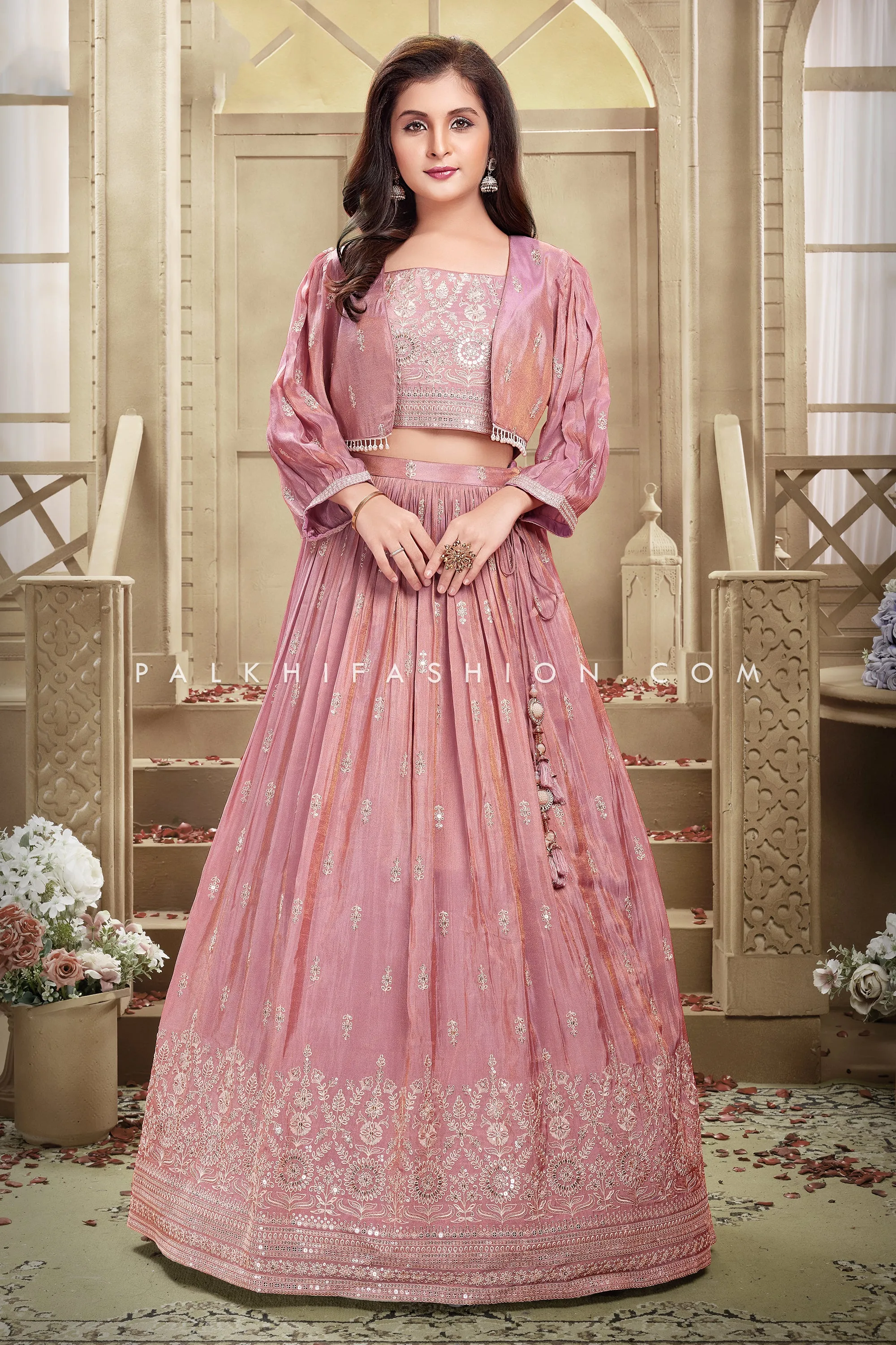 Light Mauve Organza Silk Girls Lehenga Choli Set with Embroidered Crop Top & Jacket