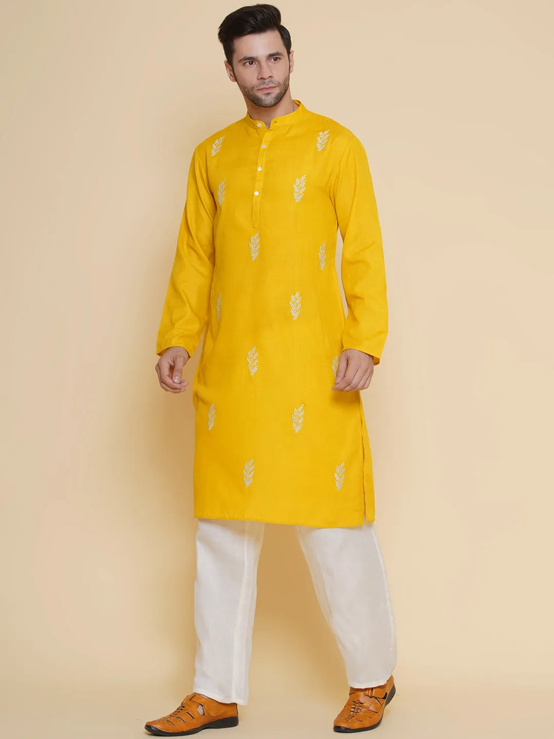 Men Yellow Embroidered ethnic motifs Festive Kurta Pyjamas