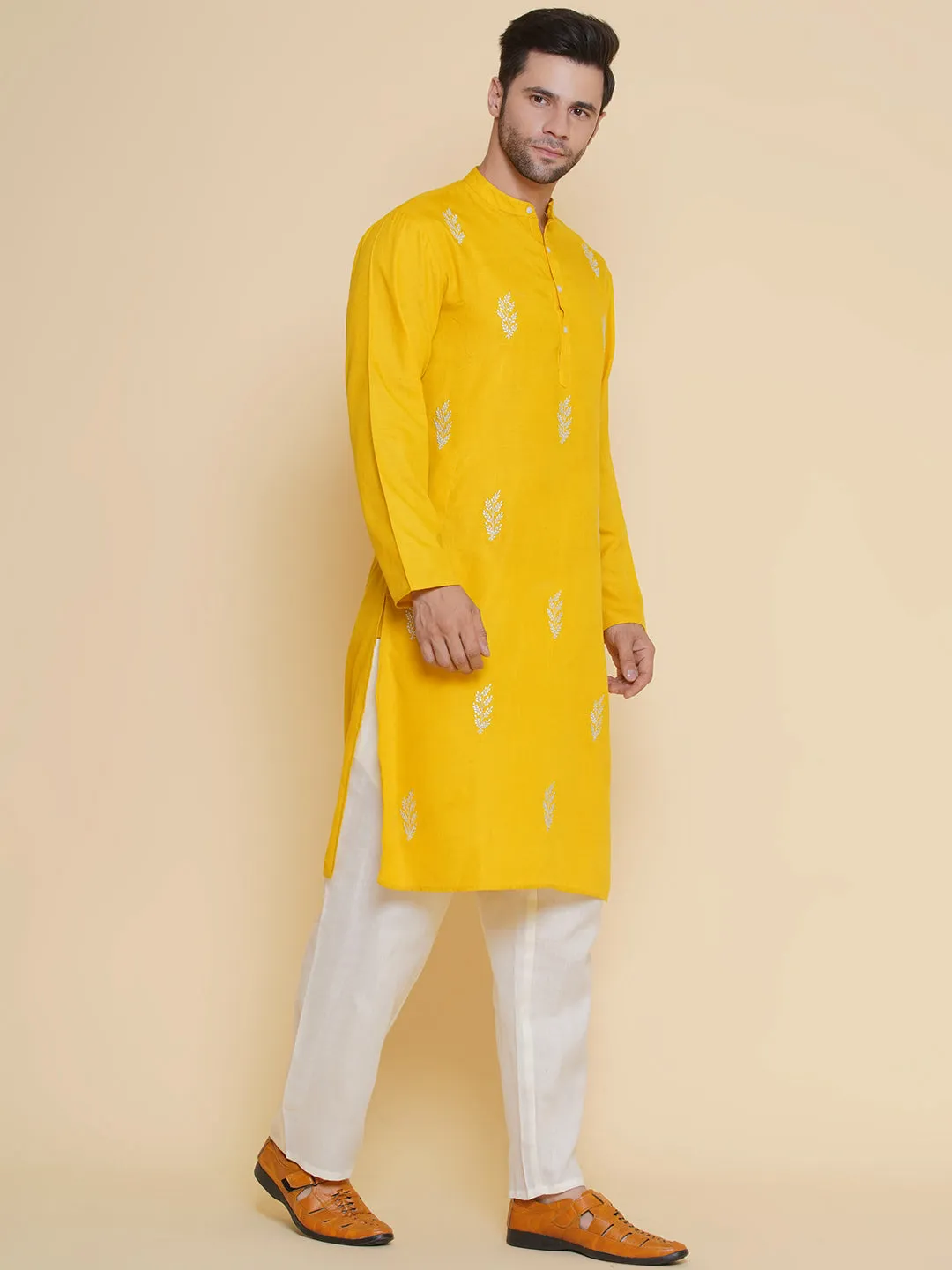 Men Yellow Embroidered ethnic motifs Festive Kurta Pyjamas