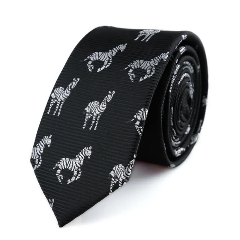 Men's Black Skinny Twill Zebra Motifs Necktie