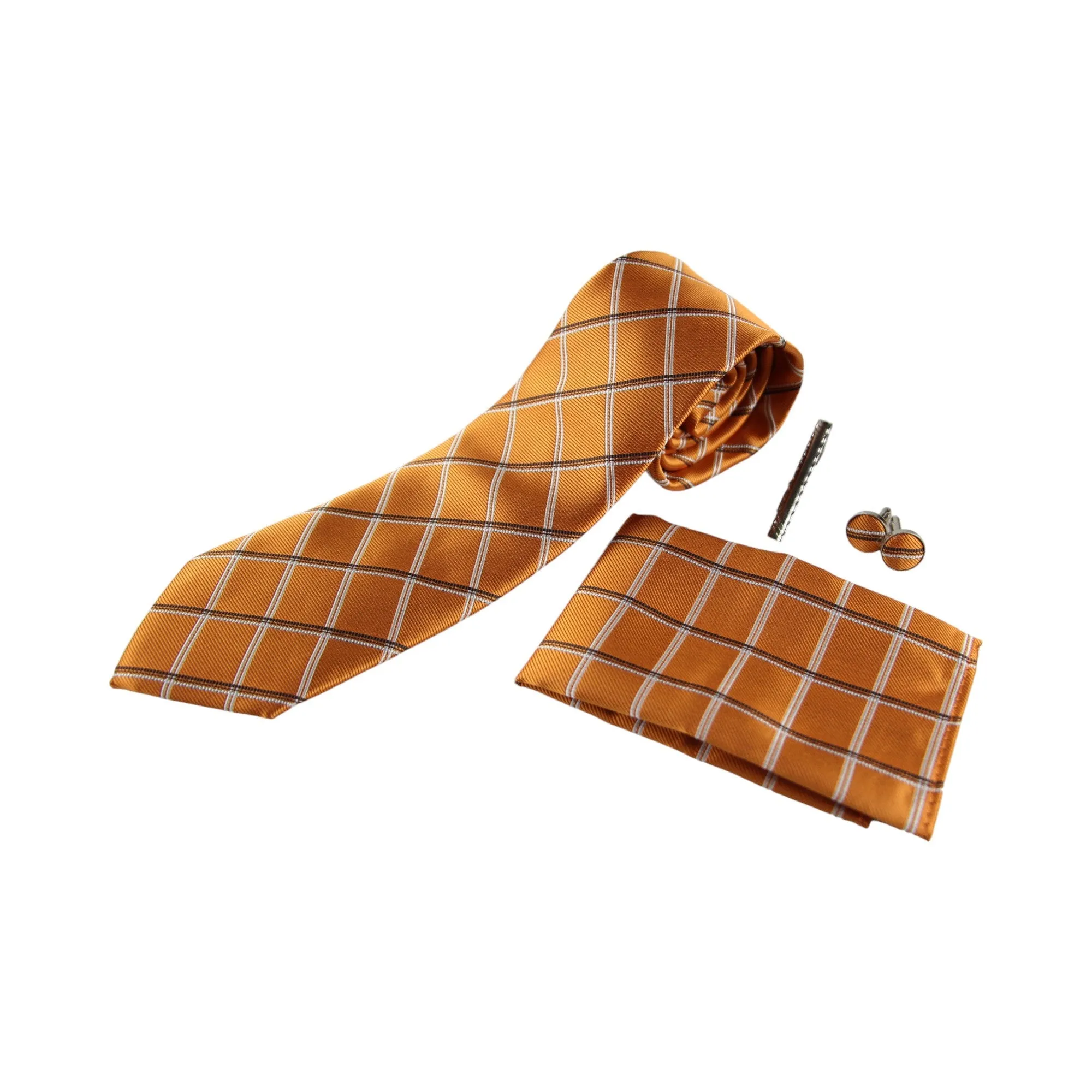 Mens Orange & White Checkered Matching Neck Tie, Pocket Square, Cuff Links And Tie Clip Set