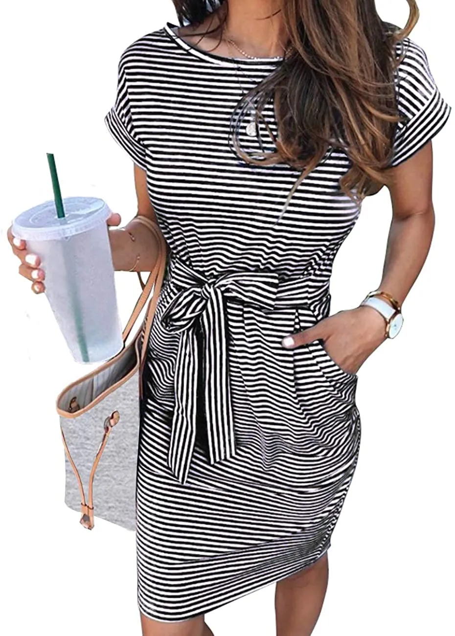 MEROKEETY Women's Summer Striped Short Sleeve T Shirt Dress Casual Tie Waist Midi Dress