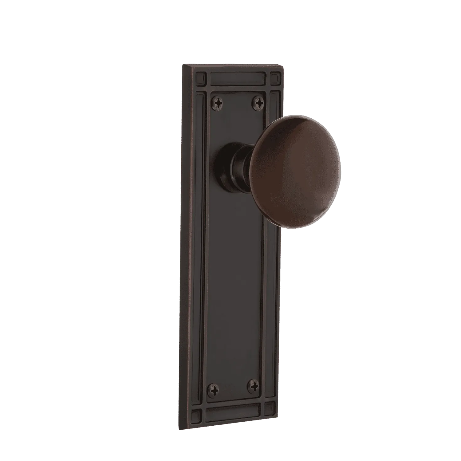 Mission Long Plate with Brown Porcelain Knob in Timeless Bronze