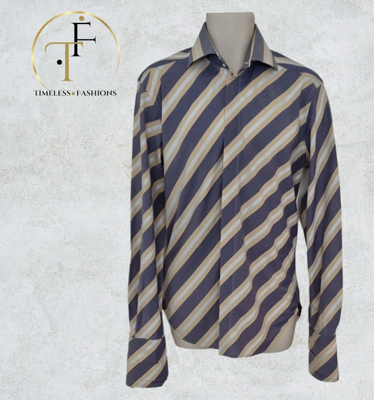 Mulberry Mens Grey, Beige & Cream Striped Long Sleeve Shirt Size 16/41