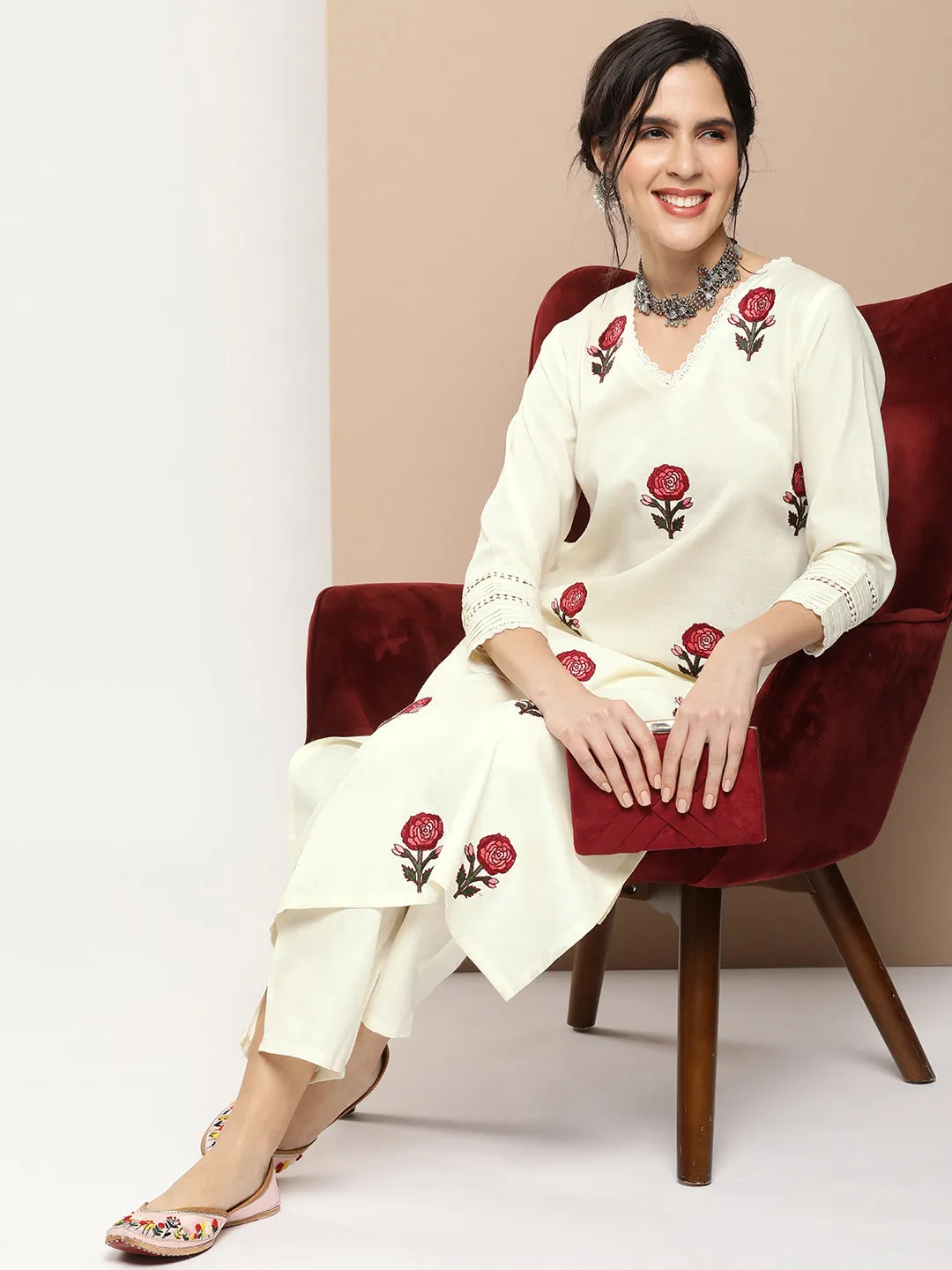 Off White Embroidered Kurta With Off White Solid Palazzos.