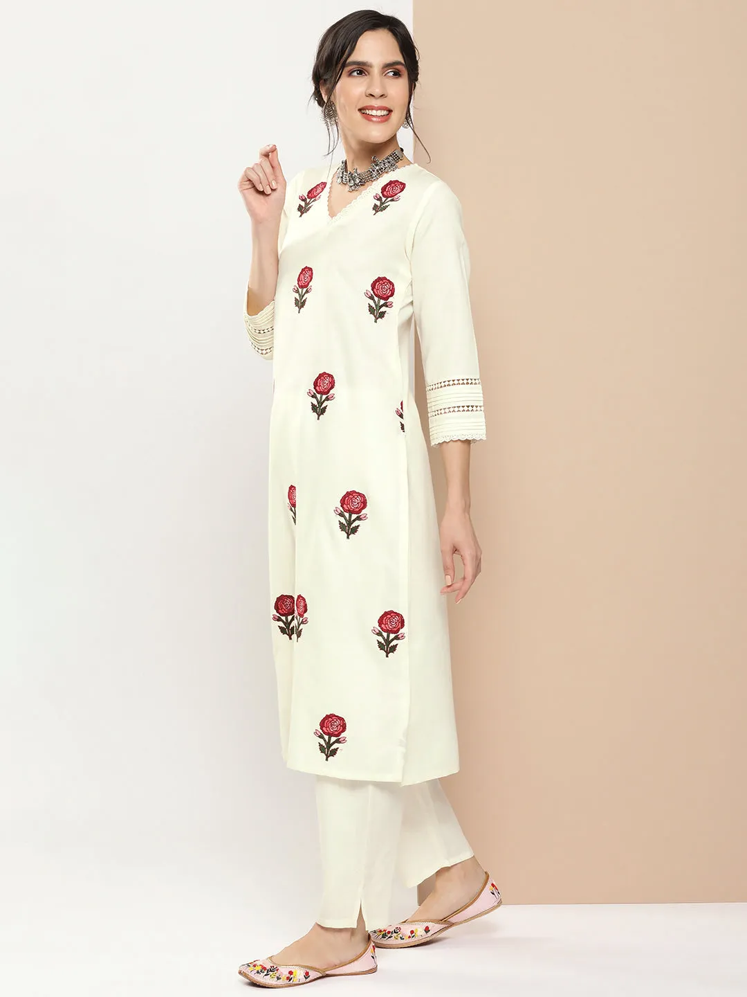 Off White Embroidered Kurta With Off White Solid Palazzos.