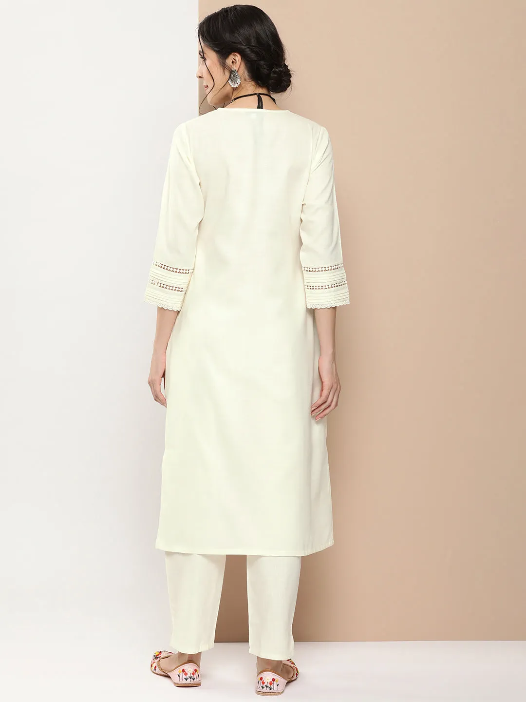 Off White Embroidered Kurta With Off White Solid Palazzos.