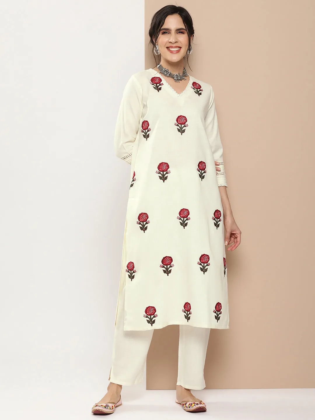 Off White Embroidered Kurta With Off White Solid Palazzos.